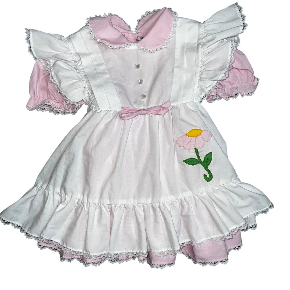 Vintage Apron ruffled cottage pinafore white and pink spring dress girl sz 2